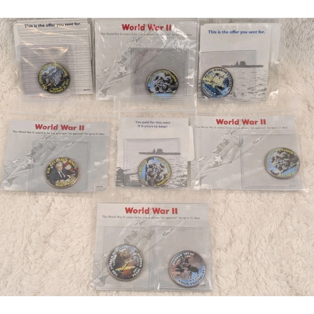 Mystic Stamp WWII Pearl Harbor Colorized Kennedy Half Dollars 7 Coin Collection